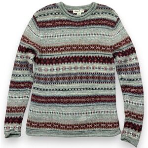Vtg Eddie Bauer Fair Isle Sweater Womens M Gray Red Wool Nordic Knit Roll Neck